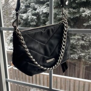 Rebecca Minkoff Black Chevron quilted Leather Shoulder Bag with Silver Chain